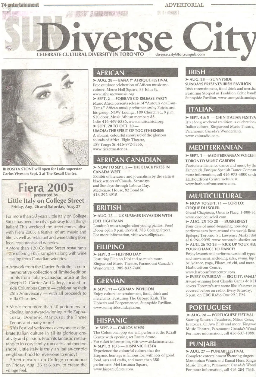 Historical press clipping: rosita-toronto-sun-diverse-city-carlos-vives.jpg